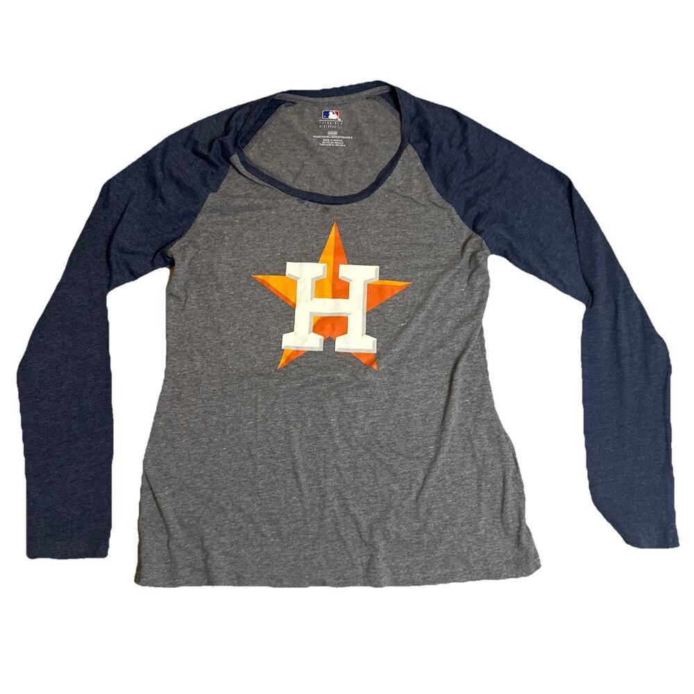 MLB Houston Astros Grey and Blue Blue Raglan Long SleeveWomen Shirt Medium